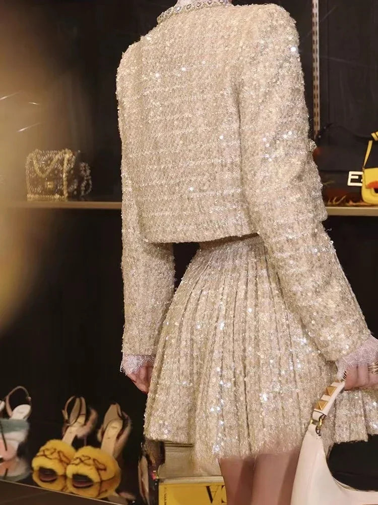 Small Fragrance Autumn Winter Beading Tweed Pearls Short Jacket Coat + Mini Pleated Skirt Suit Two Piece Sets Outifits