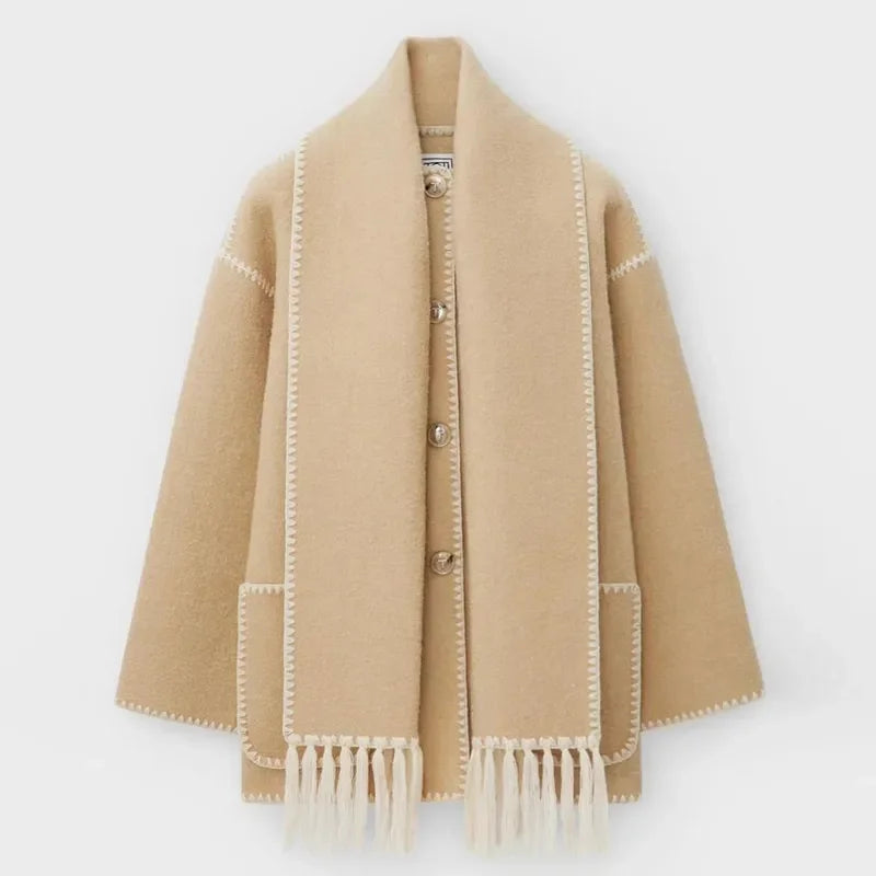 Loose Coat With Scarf Long Sleeve Pocket Single Breasted Female Coats Autumn Winter Lady Jacket