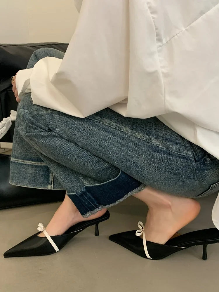 Spring Design Style Butterflyknot Woman Slippers Low Thin Heels Pointed Toe Shallow Mules Shoes