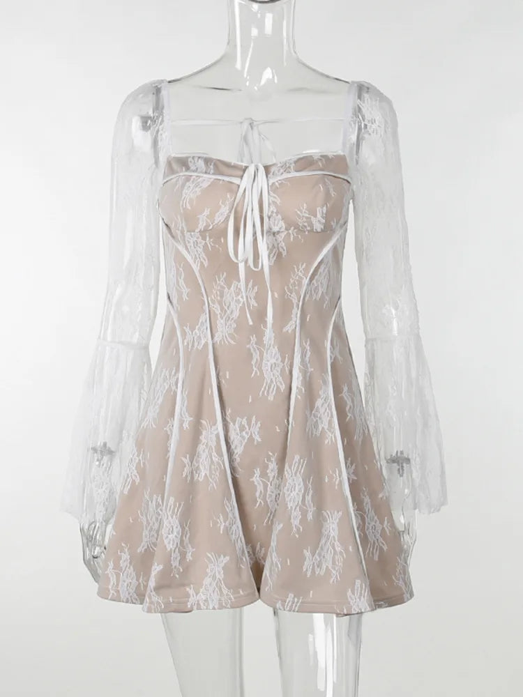 Print Mini Dress for Autumn Winter New Square Collar Long Sleeve Backless Loose Club Party Dress