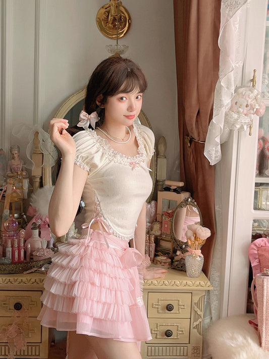 Sweet Lace Shirts Korean Pure Color Kawaii Blouse Female Summer Short Sleeve Crop Top Slim T2255