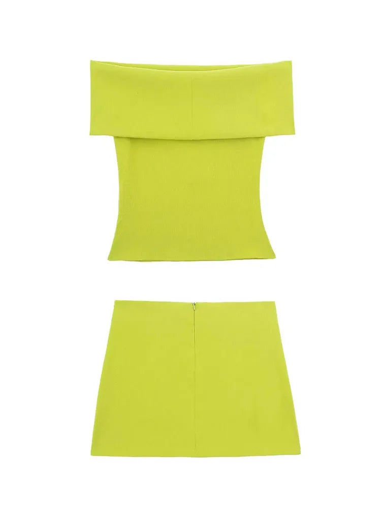 Summer 2 Piece Set Off Shoulder Cropped Tops Sleeveless Slim Top Mid Waist Mini Slit Skirts