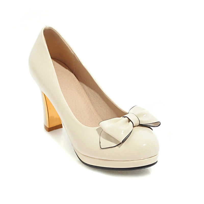 Pumps Round Toe Platform Thick High Heels Bow Shallow Wedding Shoes Spring Autumn Black Beige 43