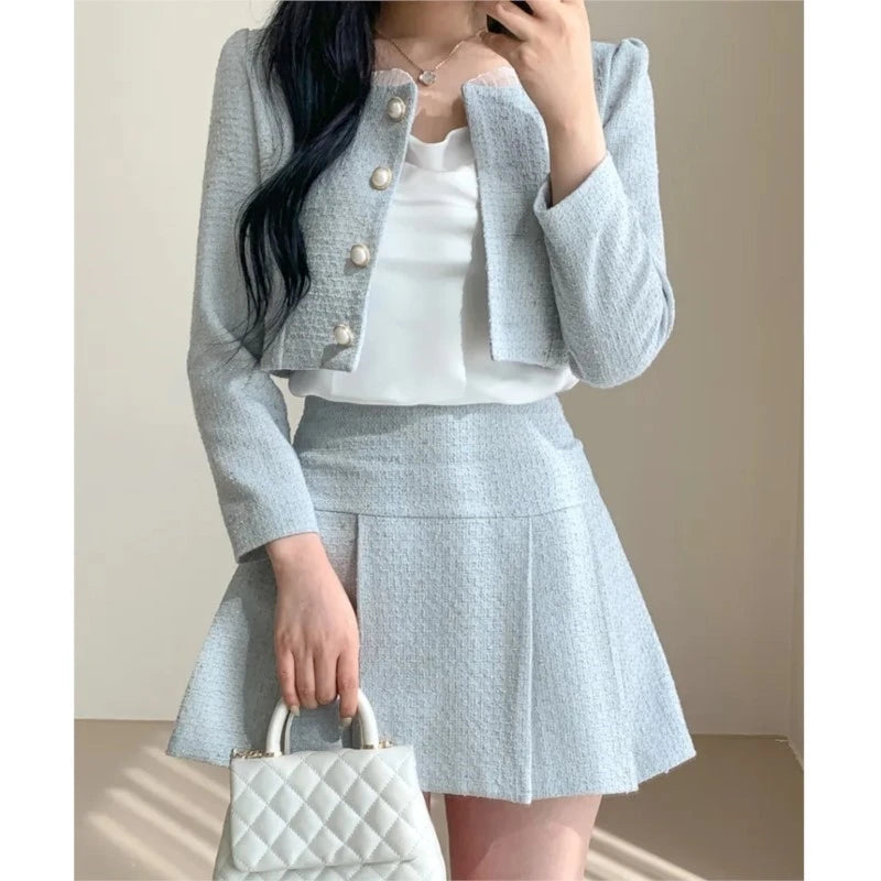 Korean Tweed Short Jacket Cropped Coats + High Waist Mini Skirts Suits Autumn New Slim Two-piece Sets