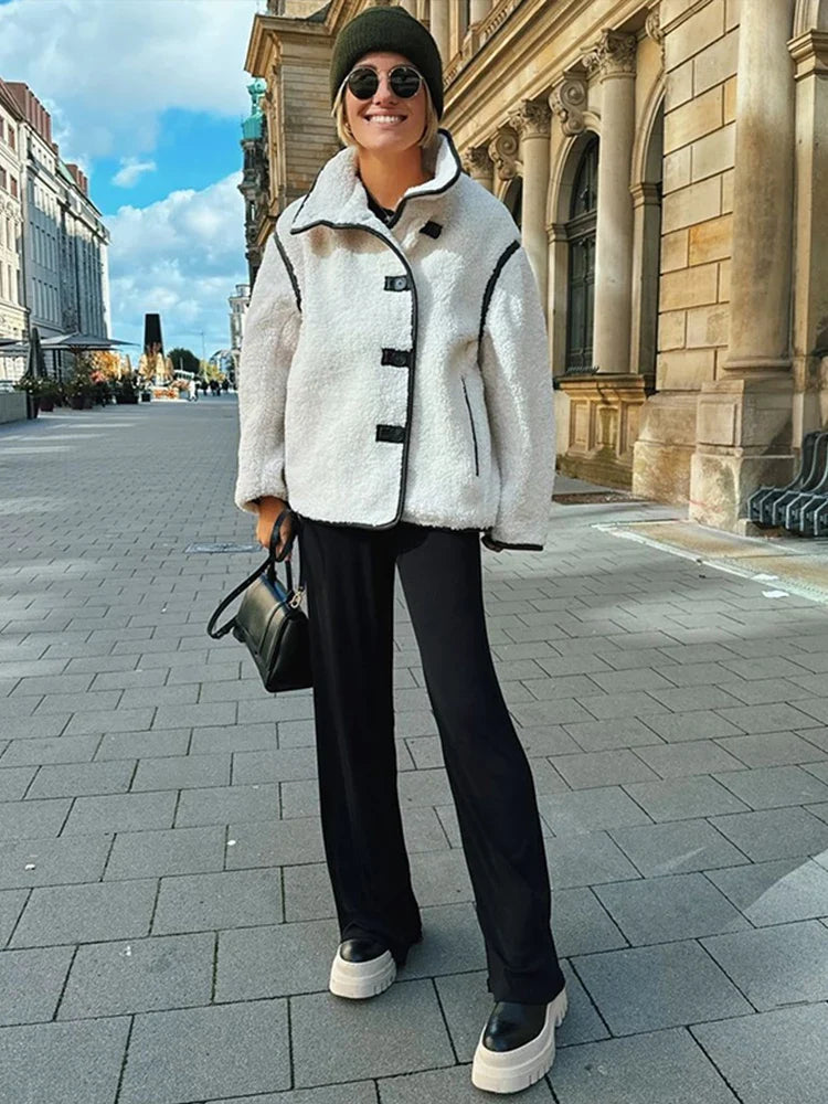 Plush Stand Collar Jackets Coat Lambwool White Single-breasted Pockets Jacket Female Autumn High Street Outwear
