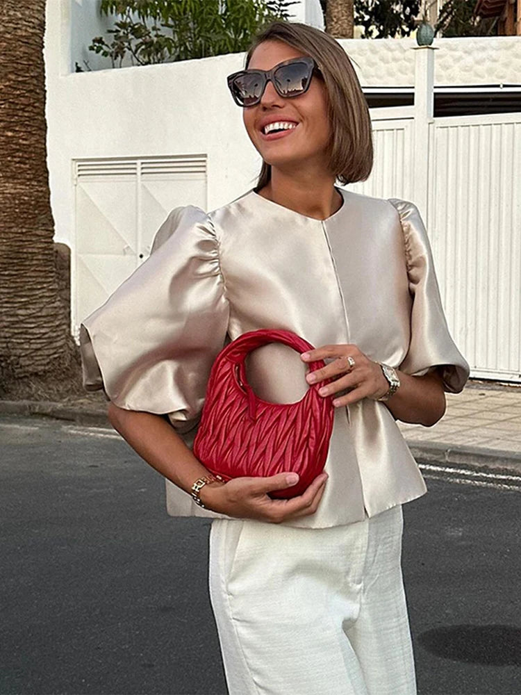 Stain Puff Sleeve Blouses Loose O-neck Single Breasted Shirts Female Summer Street Tops