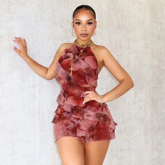 Ruffle Halter Backless Mini Dress