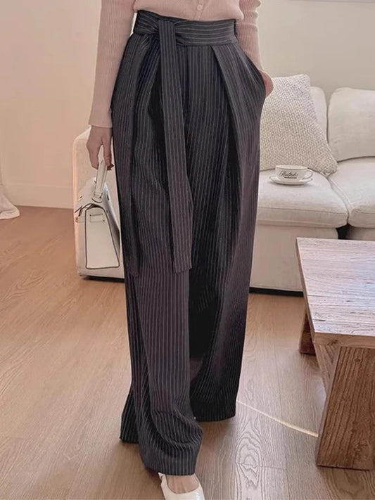 Korean Retro Strap Contrasting Striped Trousers Spring New French Style Highend Versatile Long Pants