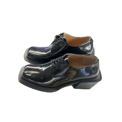 Square Toe Lace Up Pumps Japanese Style Thick Heel Heightening High Heels Personalized Patent Leather Color Shoes