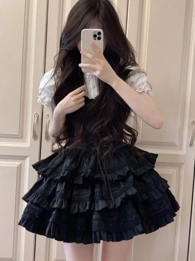 Y2k Two-piece Dress Set Puff Sleeve Shirt Black A-line Ruffles Cake Mini Dress Korean Suit Summer New Outfit
