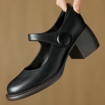 Cow Leather Chunky Heel Round Toe Slipon Mary Jane Pumps Soft Comfortable Retro Female Four Season Shoes