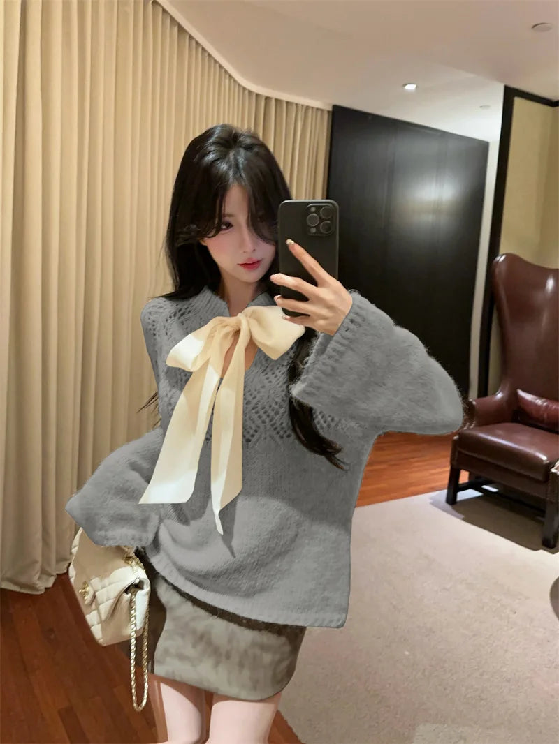 Sweet Hot Girl Pure Bow Laceup Sweater Autumn Hollowedout Slash Neck Loose Knitwear Female Clothes