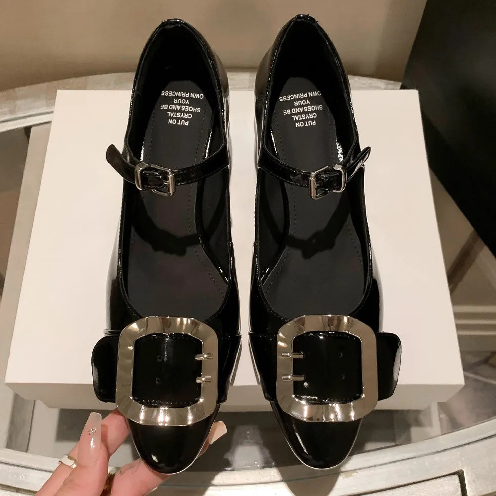 Patent Leather Mary Jane Pumps 5cm Thick Med Heel Round Toe Big Metal Buckle Decoration Heeled Dress Shoes for Hot
