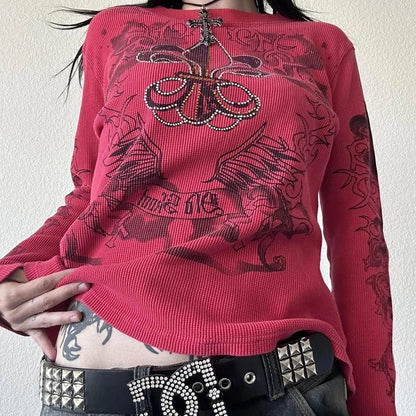 Graphic Print T-shirt Aesthetic Grunge Full Sleeve Pullovers Tees E-girl Gothic Mall Goth Crop Top Y2k Emo Clothes