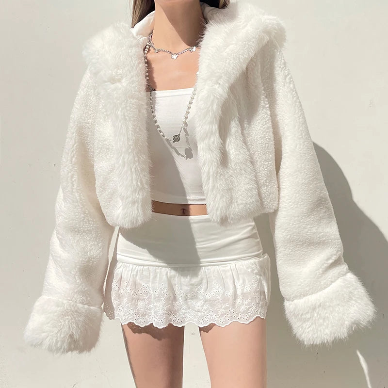 Faux Fur Hooded Coat High Street Fluffy White Snow Jacket Winter Warm Slim Outwear Stylish Lady Outfits
