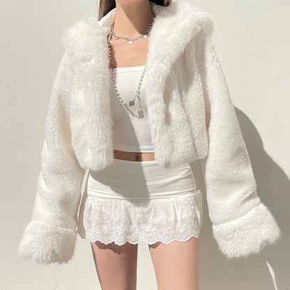 Faux Fur Hooded Coat High Street Fluffy White Snow Jacket Winter Warm Slim Outwear Stylish Lady Outfits