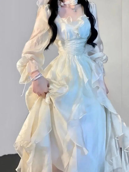 Ruffles Fairy Dresses Korean Slim Wasit a Line Midi Dress Spring Summer Princess Party Vestidos