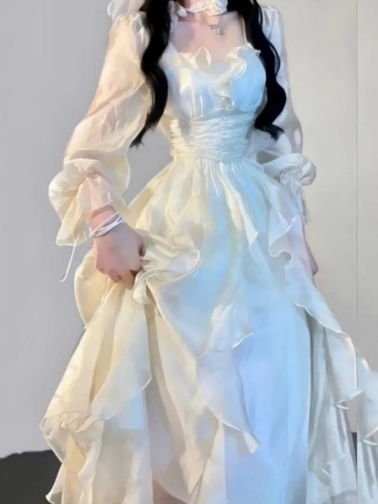 Ruffles Fairy Dresses Korean Slim Wasit a Line Midi Dress Spring Summer Princess Party Vestidos