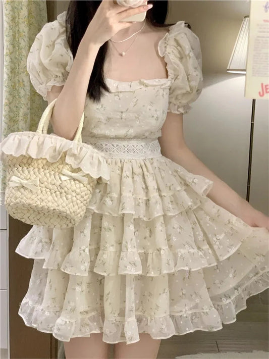 Print Dresses for Spring Summer Sweet Puff Sleeves Party Birthday Mini Dress Princess Vestidos New
