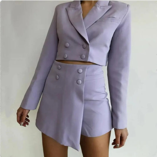 Double-breasted Button Short Blazer High Waist Irregular Shorts Short Pants Long Sleeve Suits 2 Pieces Set