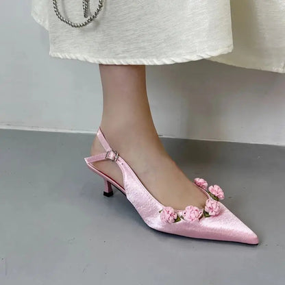 Pink High Heels Pointed Toe Slingback Shoes Summer Small Flower Low Heel Office Shoes Black Pumps White Talons Femme