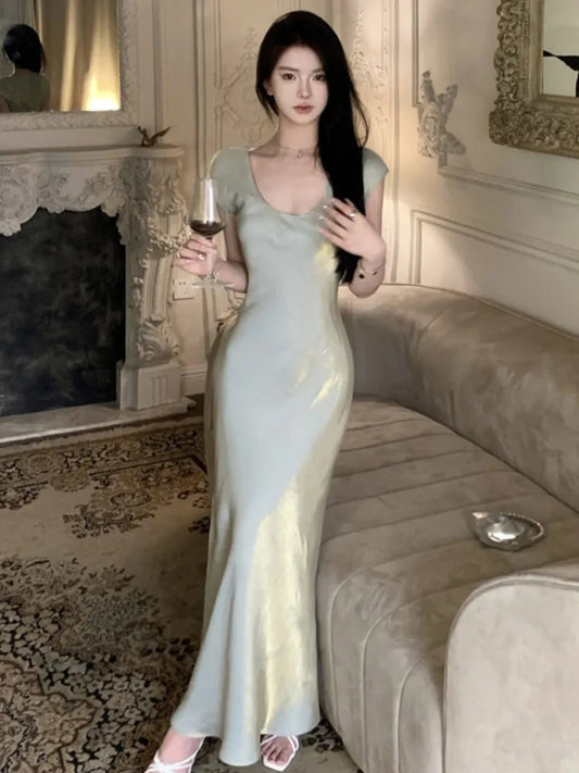 Bodycon Mermaid Midi Dress Summer Female Evening Party Maxi Dresses Short Sleeve Vestidos French Robe