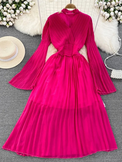Autumn Flare Sleeve V-neck Midi Dresses for Pleated A-line Party Dress Korean One Piece Vestidos New