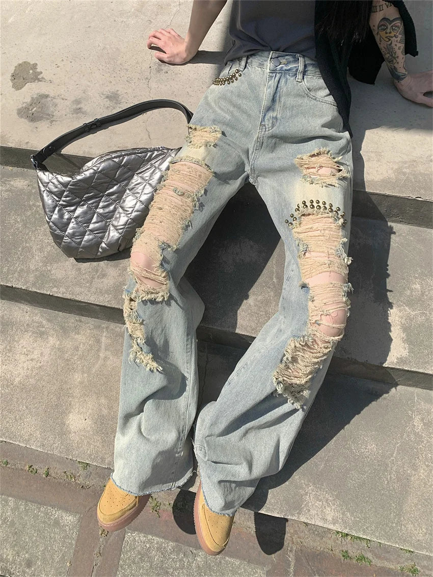 Autumn Hole Jeans High Waist Straight Loose Wide Leg Slim Office Wear Daily Pants