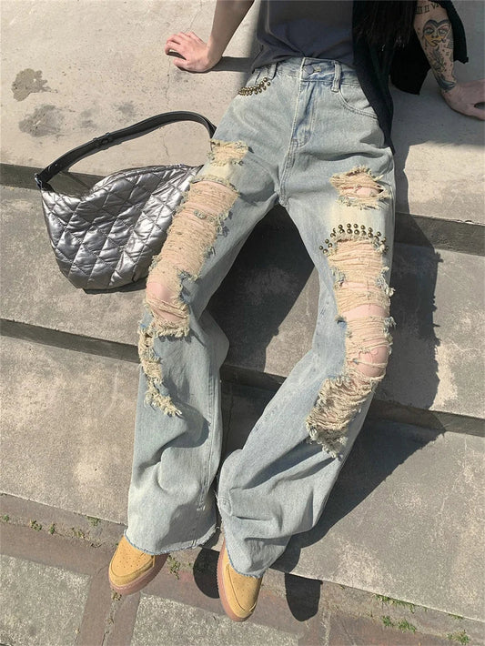 Autumn Hole Jeans High Waist Straight Loose Wide Leg Slim Office Wear Daily Pants