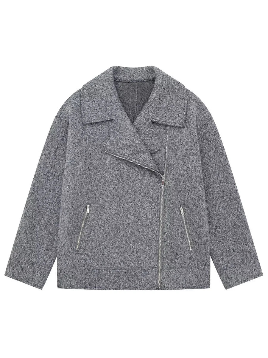 Gray Simple Woolen Jacket Woman Autumn Winter Turn Down Collar Long Sleeve Jackets Coat Female New Outerwear