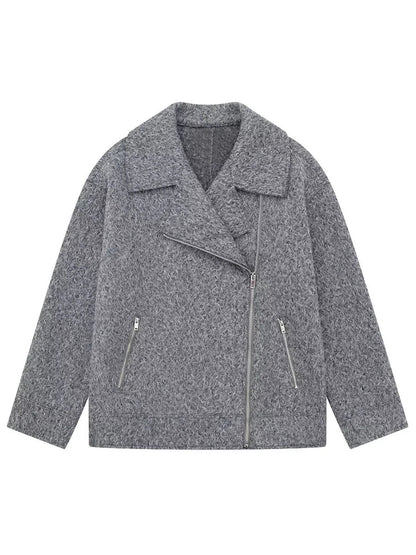 Gray Simple Woolen Jacket Woman Autumn Winter Turn Down Collar Long Sleeve Jackets Coat Female New Outerwear