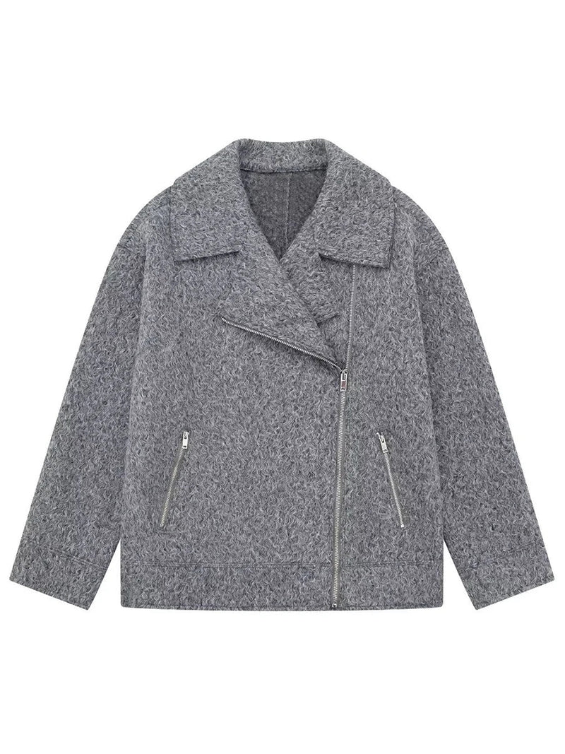Gray Simple Woolen Jacket Woman Autumn Winter Turn Down Collar Long Sleeve Jackets Coat Female New Outerwear
