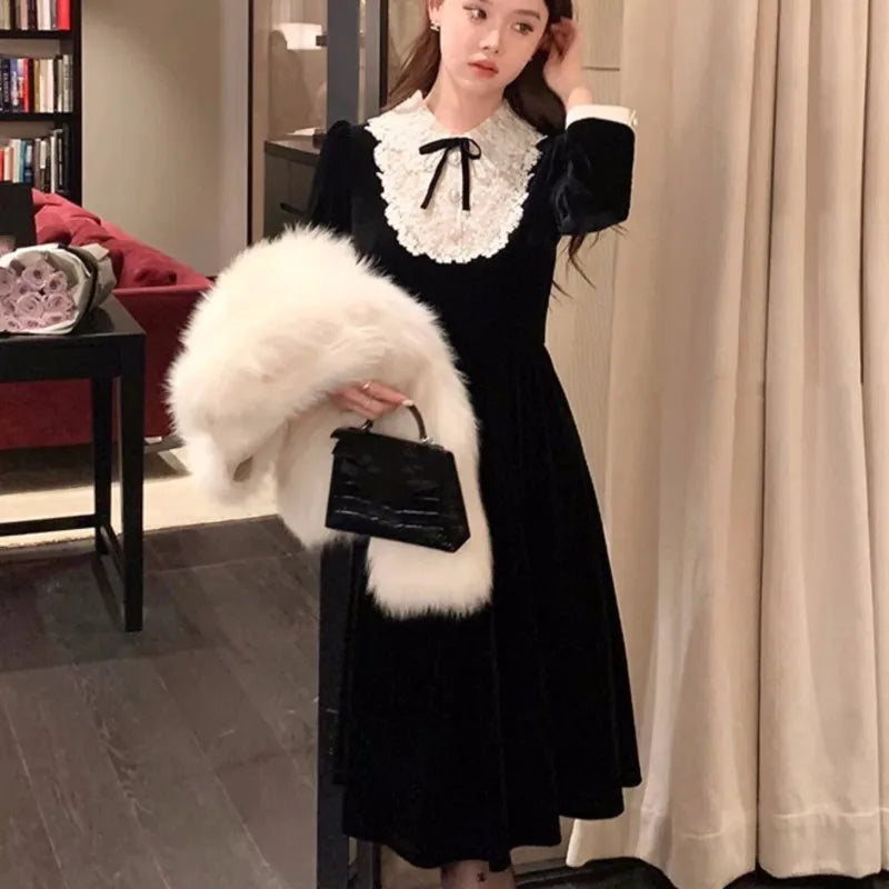 French Princess Evening Party Dresses Lace Patchwork Velvet Mini Dress A-line Korean Autumn Vestidos Mujer