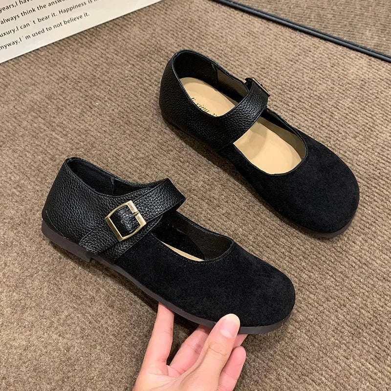 Designer New Leather Buckle Low Heel Mary Jane Shoes Spring Autumn Soft Sole Flat Shoes for