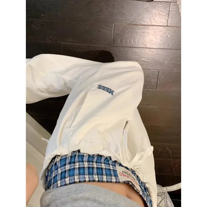 American Contrast Color Patchwork Loose Wide Leg Pants Autumn New High Waist Laceup Letters Embroidered Pants