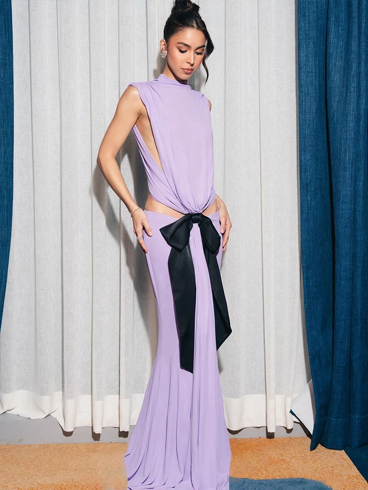 Bows Tassel Pleated Waistless Maxi Dress