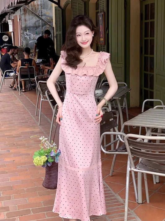 French Satin Midi Dress Female Lace Sleeveless Ruffles Dress One Piece Dress Korean Evening Party
