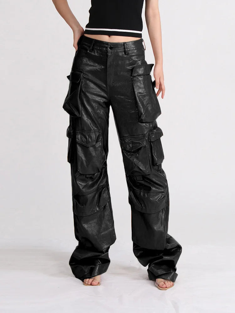 Loose Spliced Pockets Pant for High Waist Patchwoek Zippers Pu Leather Trousers Female Autumn Clothes
