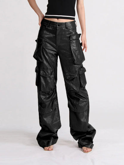 Loose Spliced Pockets Pant for High Waist Patchwoek Zippers Pu Leather Trousers Female Autumn Clothes
