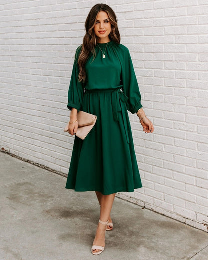 Office Dress Formal Loose Green Long Sleeve Belt A-line Midi Dresses