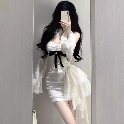 Y2k Lace Bodycon Mini Dresses for Slash Neck Flare Sleeve A-line Birthday Party Short Train Dress Korean Vestidos