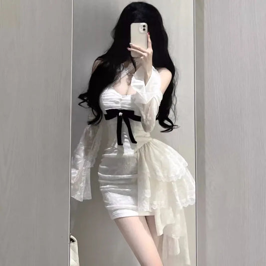 Y2k Lace Bodycon Mini Dresses for Slash Neck Flare Sleeve A-line Birthday Party Short Train Dress Korean Vestidos