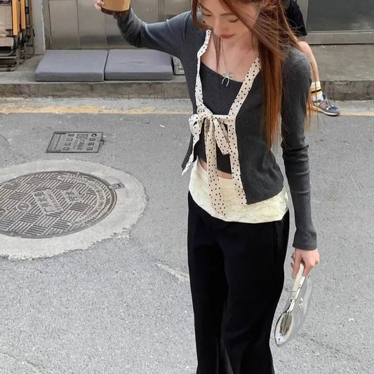 Spring New Korean Polka Dot Lace Up Longsleeved Tshirt + Contrast Color Patchwork Pants Twopiece Suit