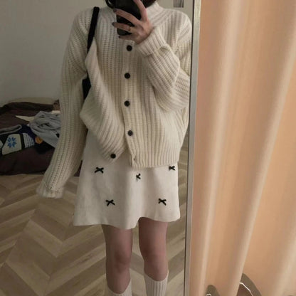Contrast Color Bow Spliced Velvet Aline Skirt Spring New Korean High Waist All Match Mini Skirt