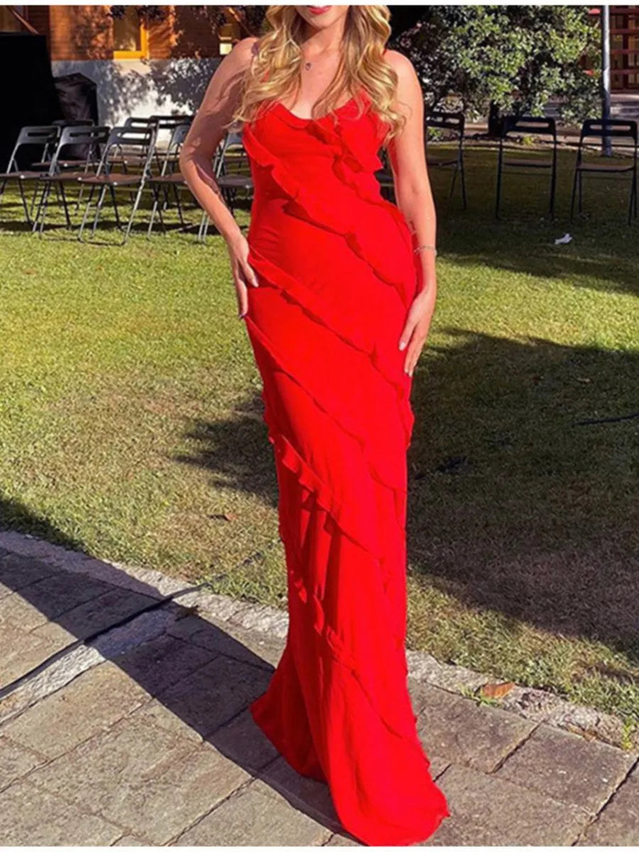 Ruffle Backless Maxi Dress New Vneck Sleeveless Suspender Slit Long Dresses Evening Party Dress