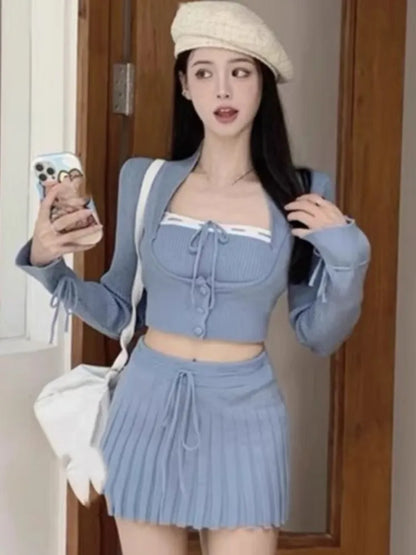 Knitted Suit 3 Piece Set Woman Y2k Cropped Patchwork Vest + Slim Cardigan + Mini Pleated Skirt Autumn Korean Outfits