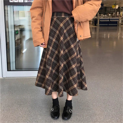 Japanese Rainbow High Waist Aline Wool Plaid Skirt Female Students Preppy Style Wild Midi Skirt Autumn Long Skirt