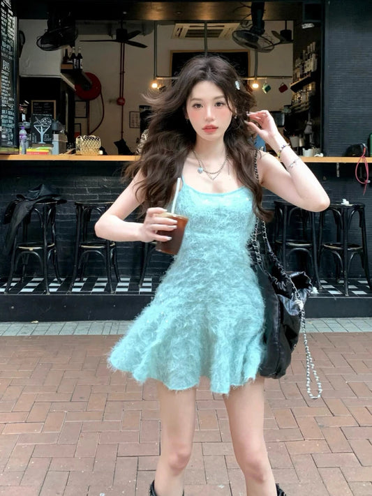 Bodycon Y2k Mini Dress Pure Color Dress Female Even Party Beach Style Korean Clothing