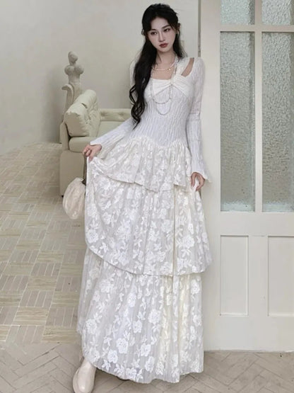 Fairy Dresses Knitted Patchwork Flare Sleeves Princess Cake Long Dress Autumn Party Prom Aline Vestidos Robe New