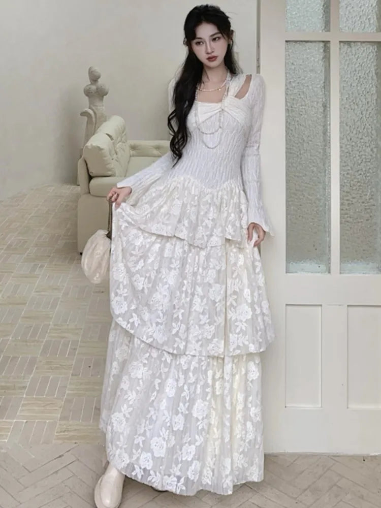 Fairy Dresses Knitted Patchwork Flare Sleeves Princess Cake Long Dress Autumn Party Prom Aline Vestidos Robe New